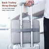 A silver laptop suitcase with a gray back trolley strap design being held by a hand.