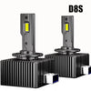 Two D8S plug-and-play LED headlight bulbs with canbus compatibility mounted on black bases