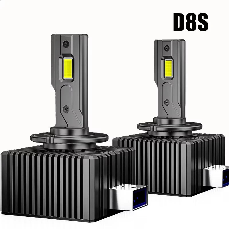 Two D8S plug-and-play LED headlight bulbs with canbus compatibility mounted on black bases
