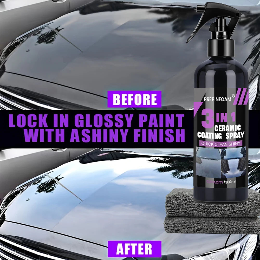 Comparaison avant et après d'un fini de peinture brillant obtenu avec un spray de revêtement céramique Ashiny sur une voiture