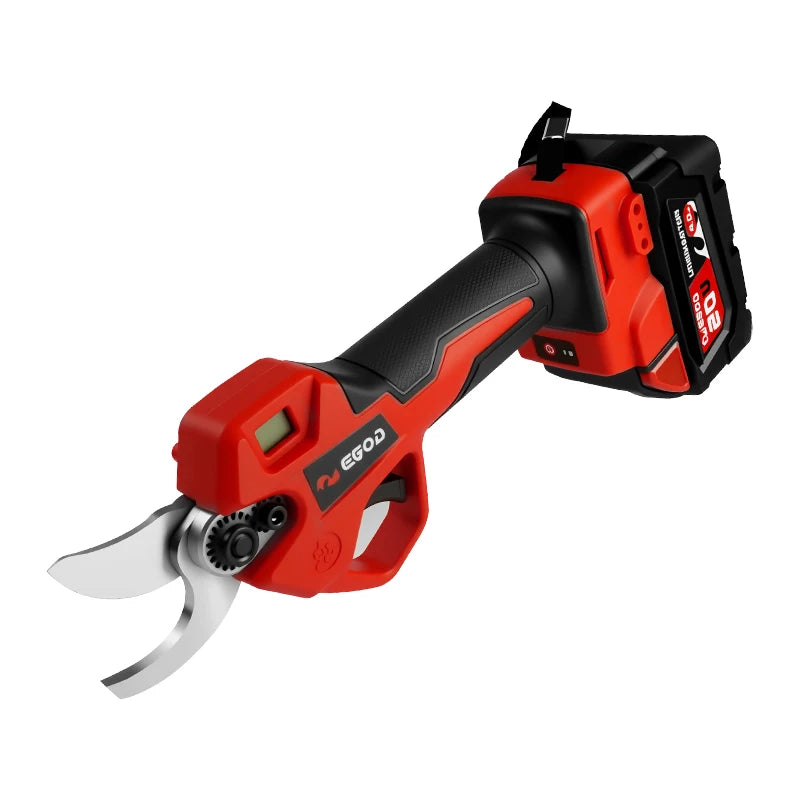 A red cordless electric pruning shears with a black and orange handle and a silver cutting head.