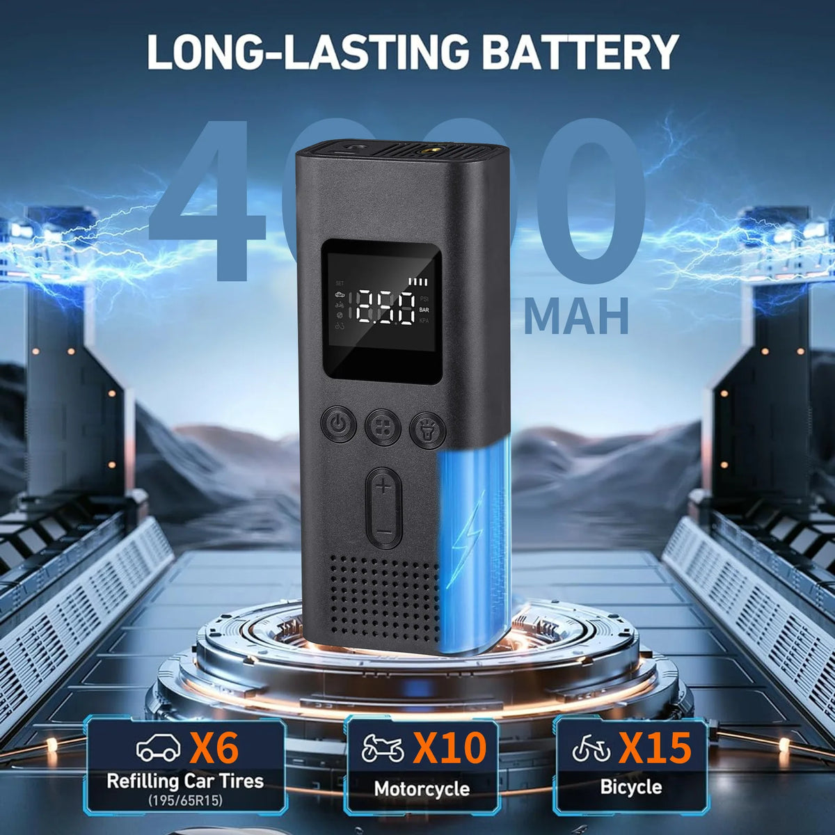 A black portable digital tire inflator device is shown with various tire sizes listed below it.