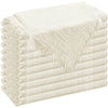 A stack of six raw-edge, beige polyester cloth napkins folded neatly.
