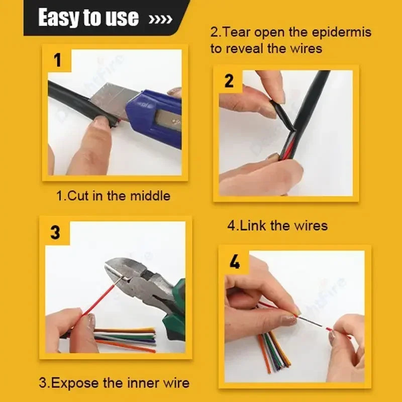 Step-by-step instructions showing how to cut, tear open, and link wires for 7-core tinned copper wire.