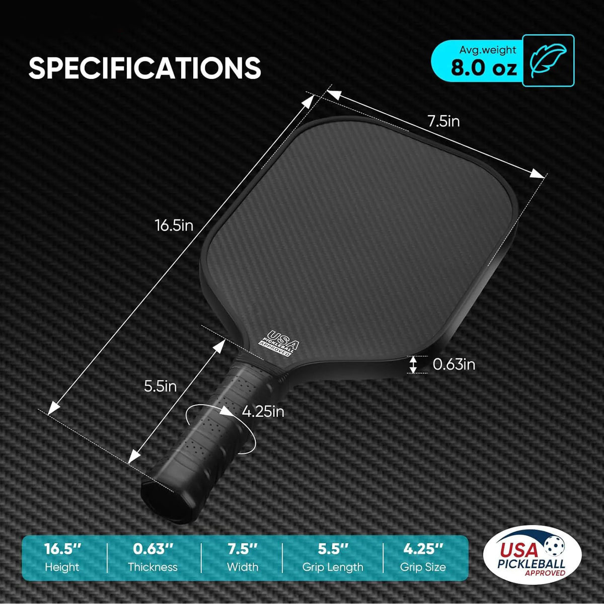 A black pickleball paddle showing its dimensions and specifications including height, thickness, width, grip length, and grip