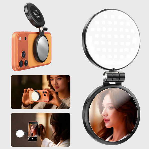 Anneau lumineux magnétique pour selfies avec miroir et support téléphone