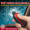 A hand holds a red and black emergency tool with a built-in cutting blade, demonstrating its use for self-rescue and escape.