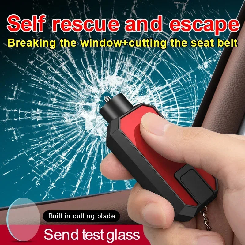 A hand holds a red and black emergency tool with a built-in cutting blade, demonstrating its use for self-rescue and escape.