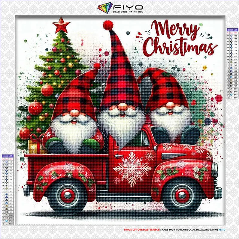 Kit de peinture de diamants avec un gnome mosaïque de Noël festif sur un camion rouge.