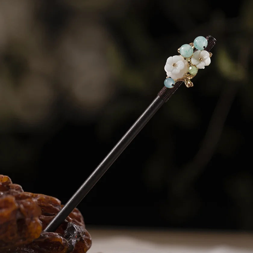 Handcrafted Wooden Hairpin with Flower Tassel