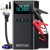 A black portable car jump starter with an LED display and red cables is shown on a surface.