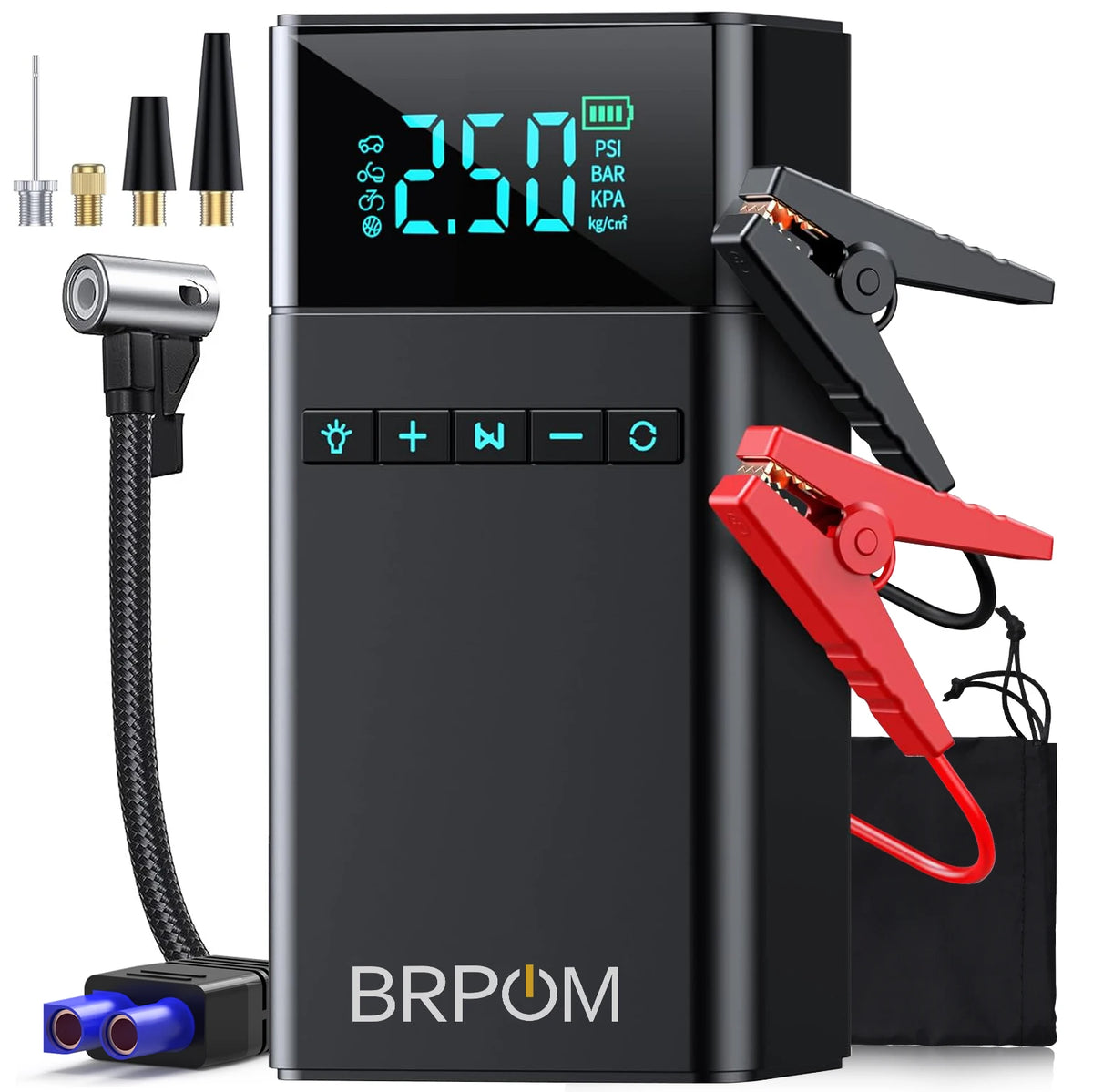 A black portable car jump starter with an LED display and red cables is shown on a surface.