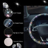 Close-up of a crystal rhinestone steering wheel cover showing various processes and the finished product on a car interior.