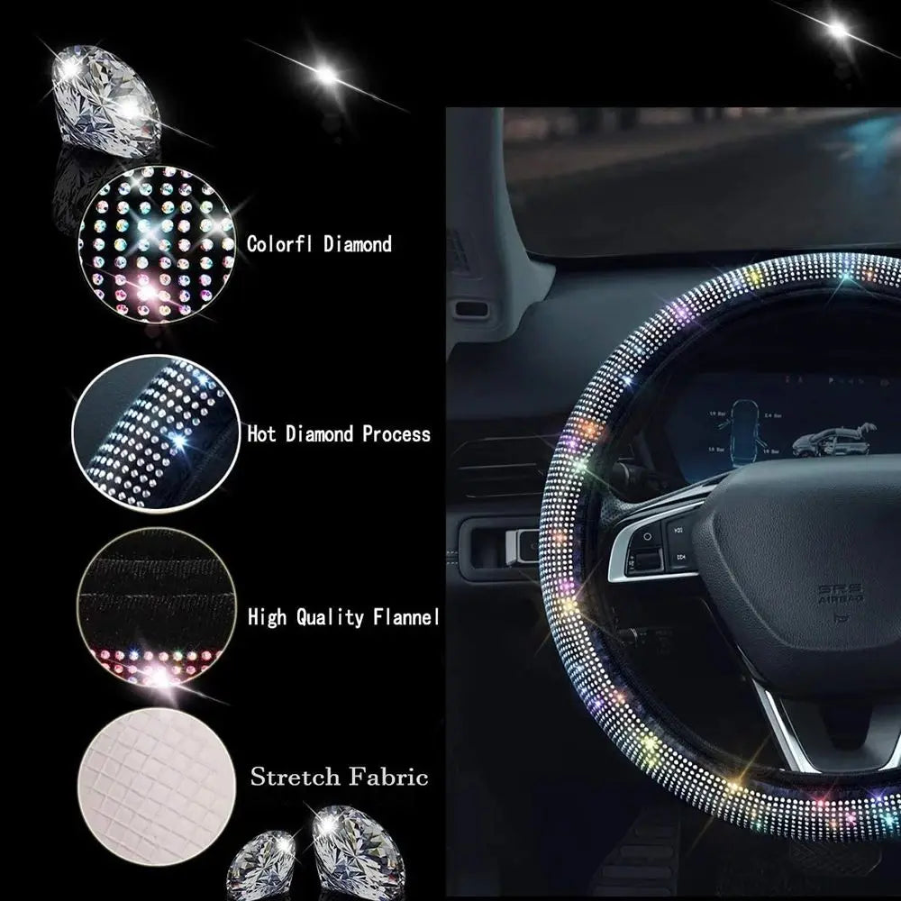 Close-up of a crystal rhinestone steering wheel cover showing various processes and the finished product on a car interior.