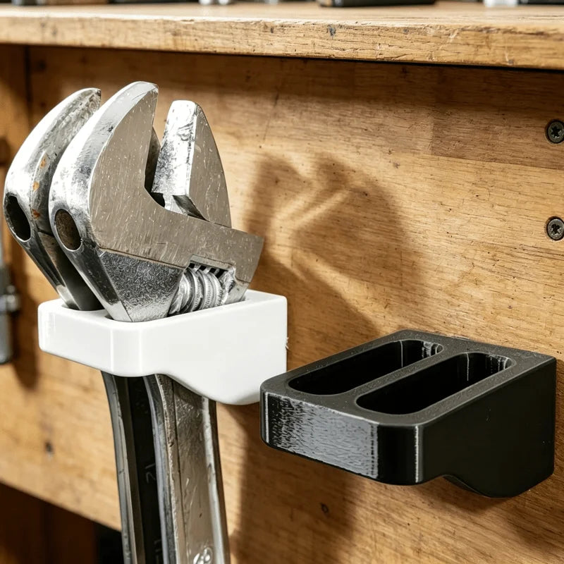 A silver double slot wall-mounted wrench organizer rack is displayed on a wooden shelf.