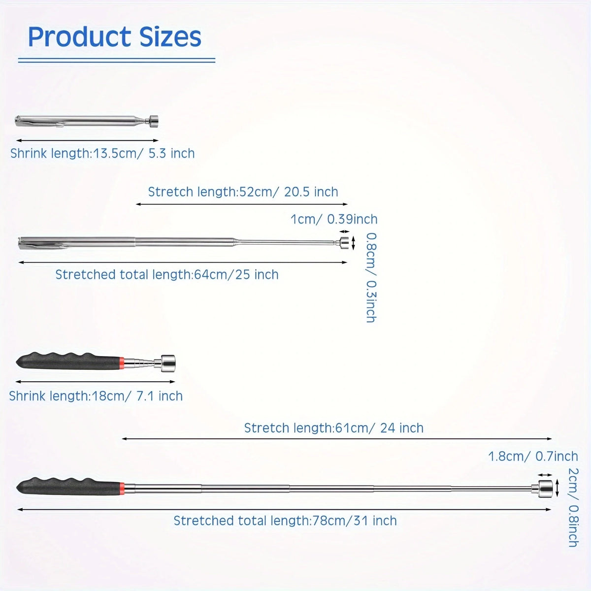 Diagram showing various shrink and stretched lengths of a telescopic magnet pickup tool.