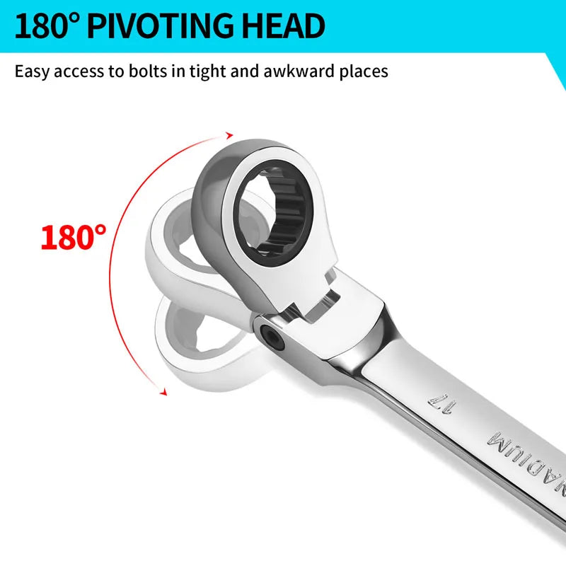 A close-up view of an 180 degree pivoting head wrench tool.