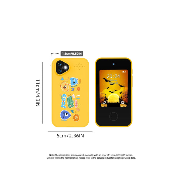 A yellow mini smartphone toy with a black screen displaying the time 20:24.