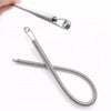 A silver spring drawstring needle threader tool with a long metal rod and a coiled spring.