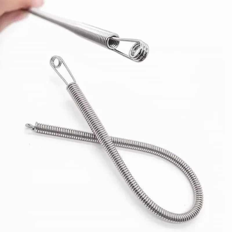 A silver spring drawstring needle threader tool with a long metal rod and a coiled spring.