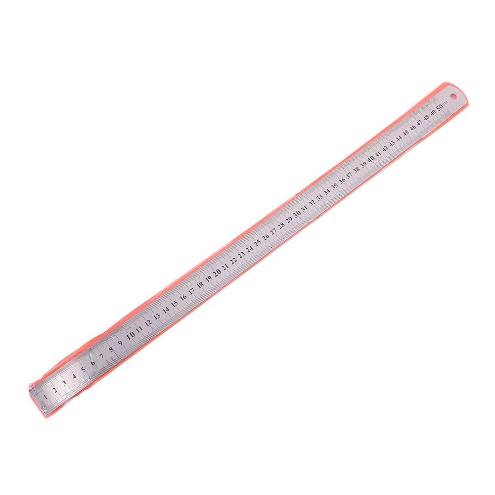 A stainless steel double-sided precision ruler showing markings from 1 to 50 centimeters.