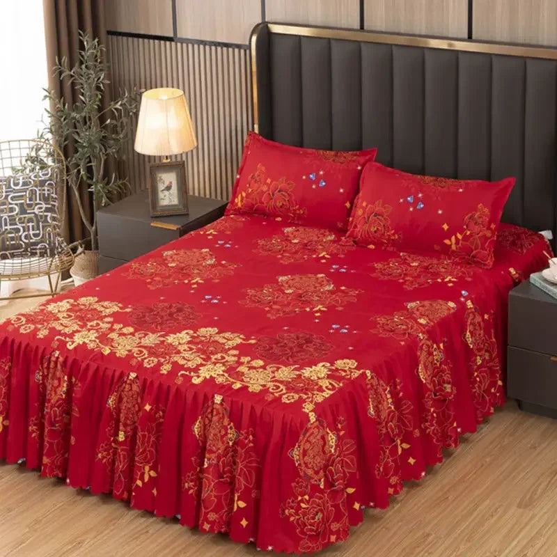 Elegant Elastic Fitted Bed Sheet Set with Lace Skirt and Pillowcases