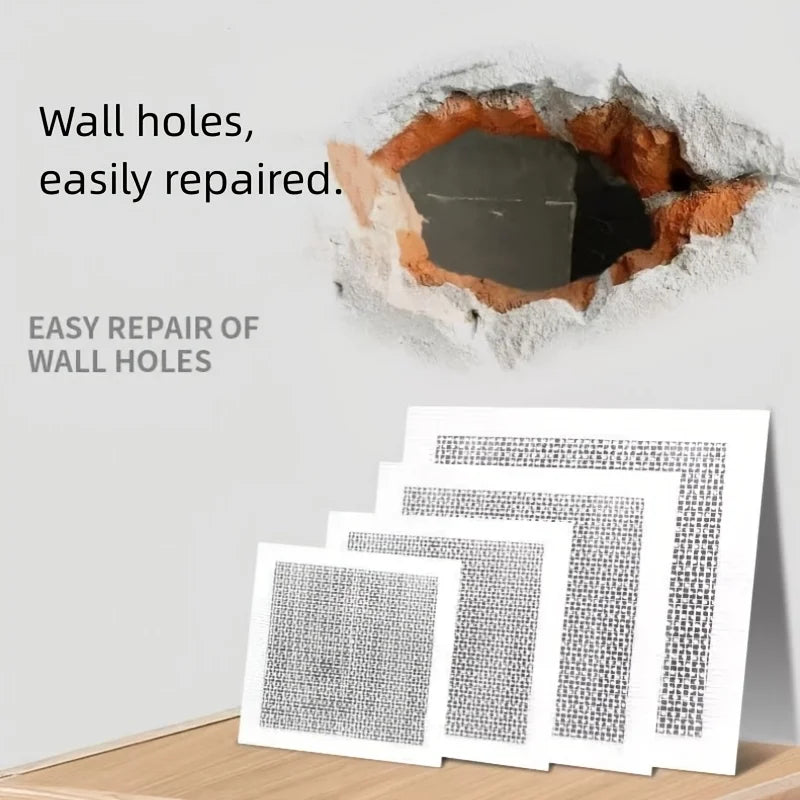 A DIY kit for easily repairing wall holes using self-adhesive drywall repair patches.