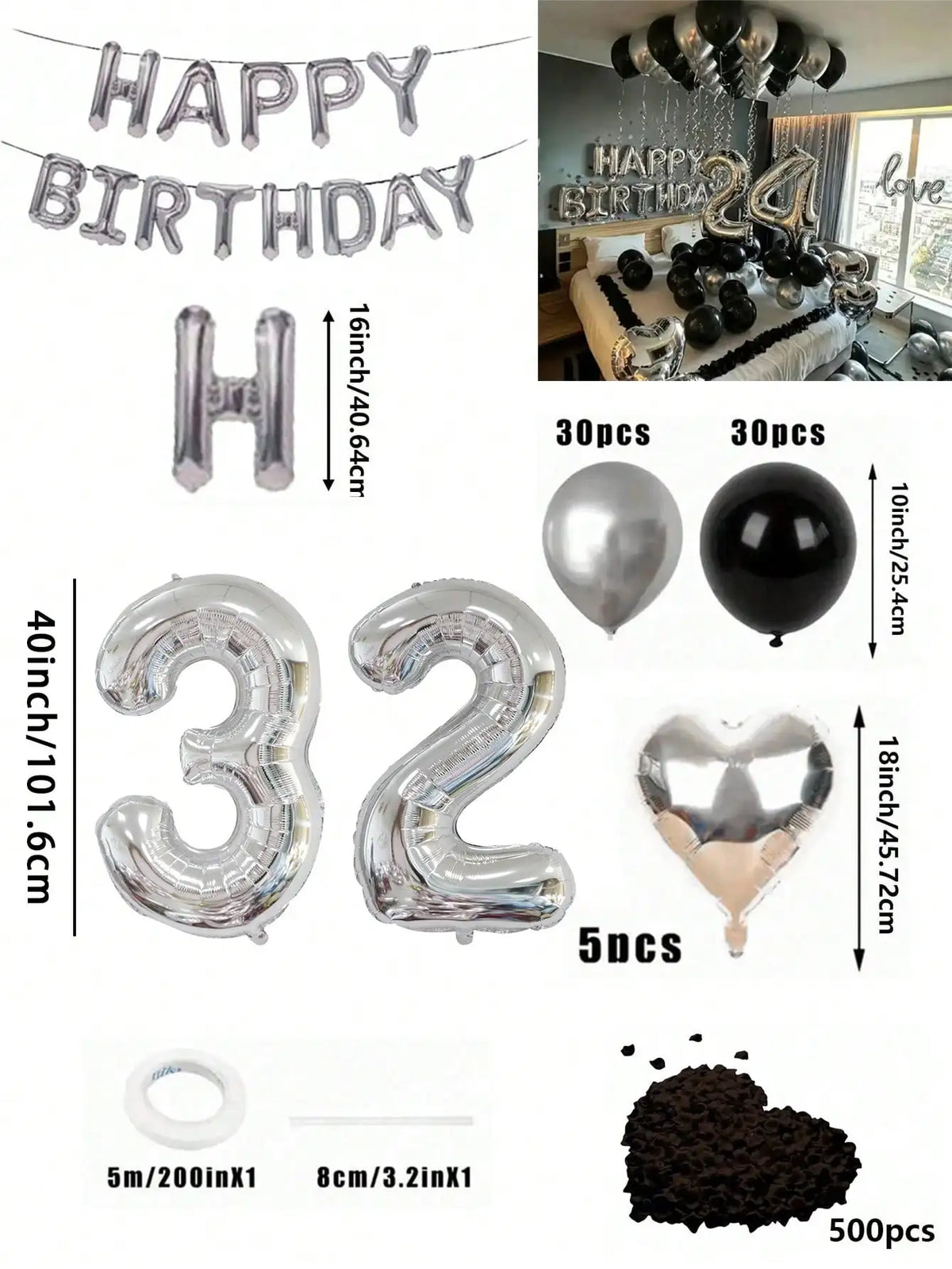 A kit for a balloon garland featuring silver and black foil numbers, including balloons and chocolate confetti.