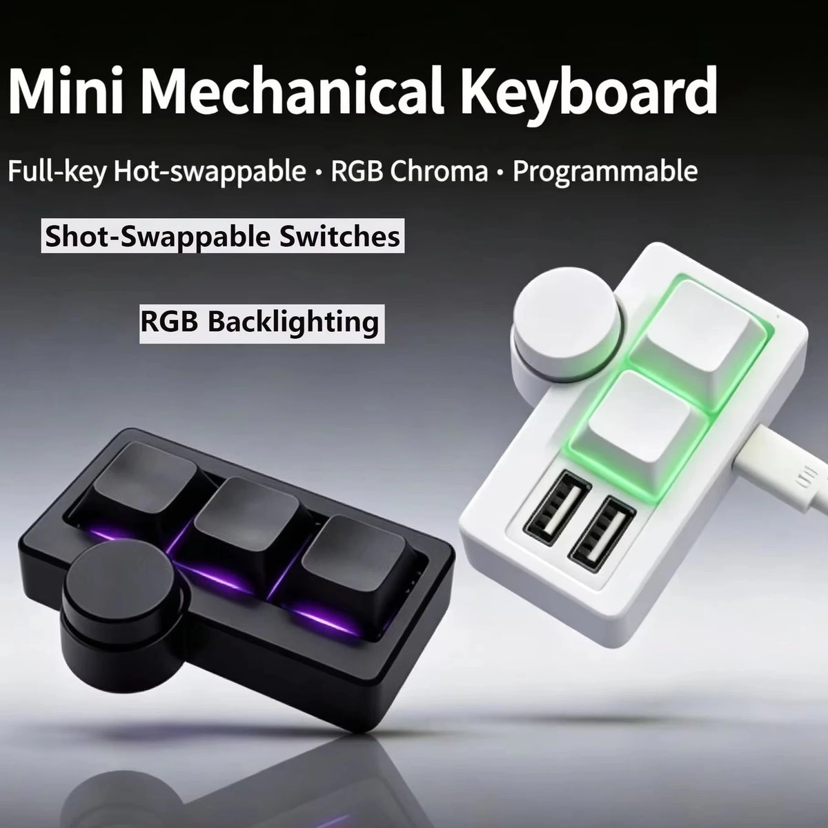 A white mini mechanical keyboard with RGB backlighting and a separate knob is shown on a gray background.