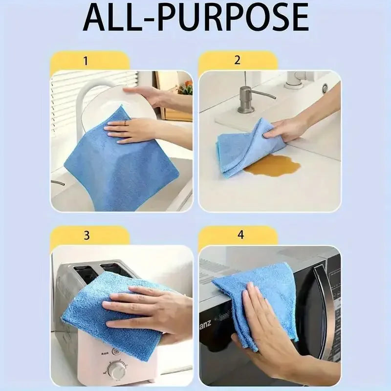 Four images showing hands using blue microfiber cleaning cloths for various household cleaning tasks.