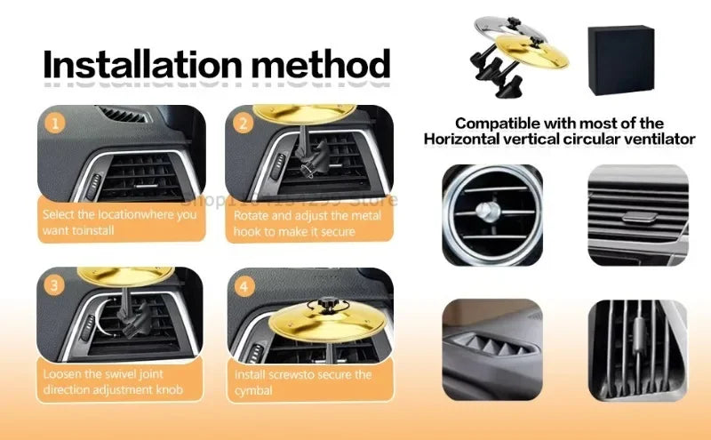 Installation method showing steps to install a mini drum and cymbal vent decoration for a car interior