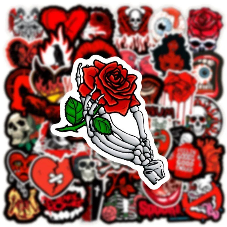 A collection of gothic skull and rose stickers featuring dark, red, and black themes.