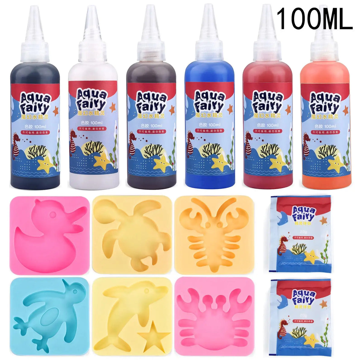 A collection of 100ml Aqua Fairy liquid bottles and various pink and yellow craft kits for children.