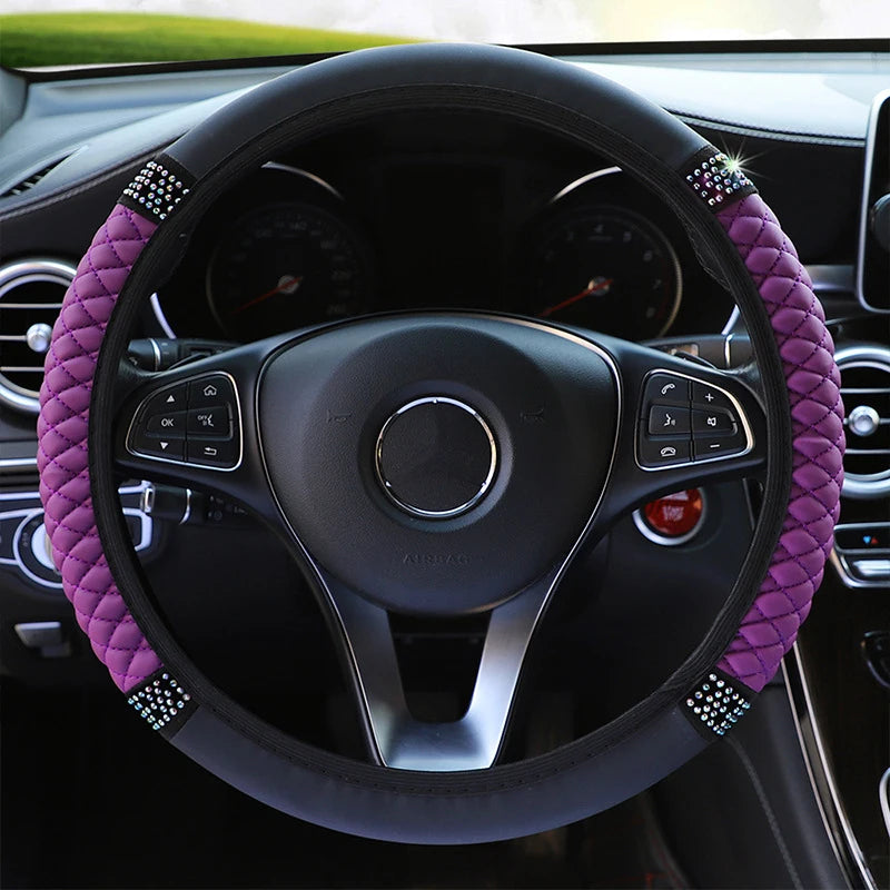 Rhinestone PU Leather Steering Wheel Cover