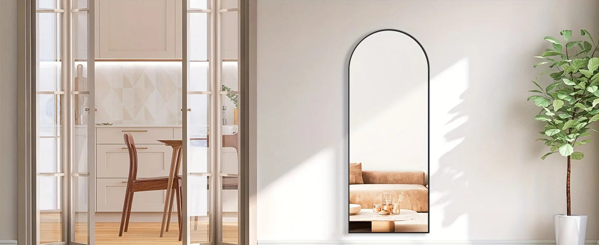 An arched full-length floor mirror with an aluminum frame reflecting a room interior and a potted plant.