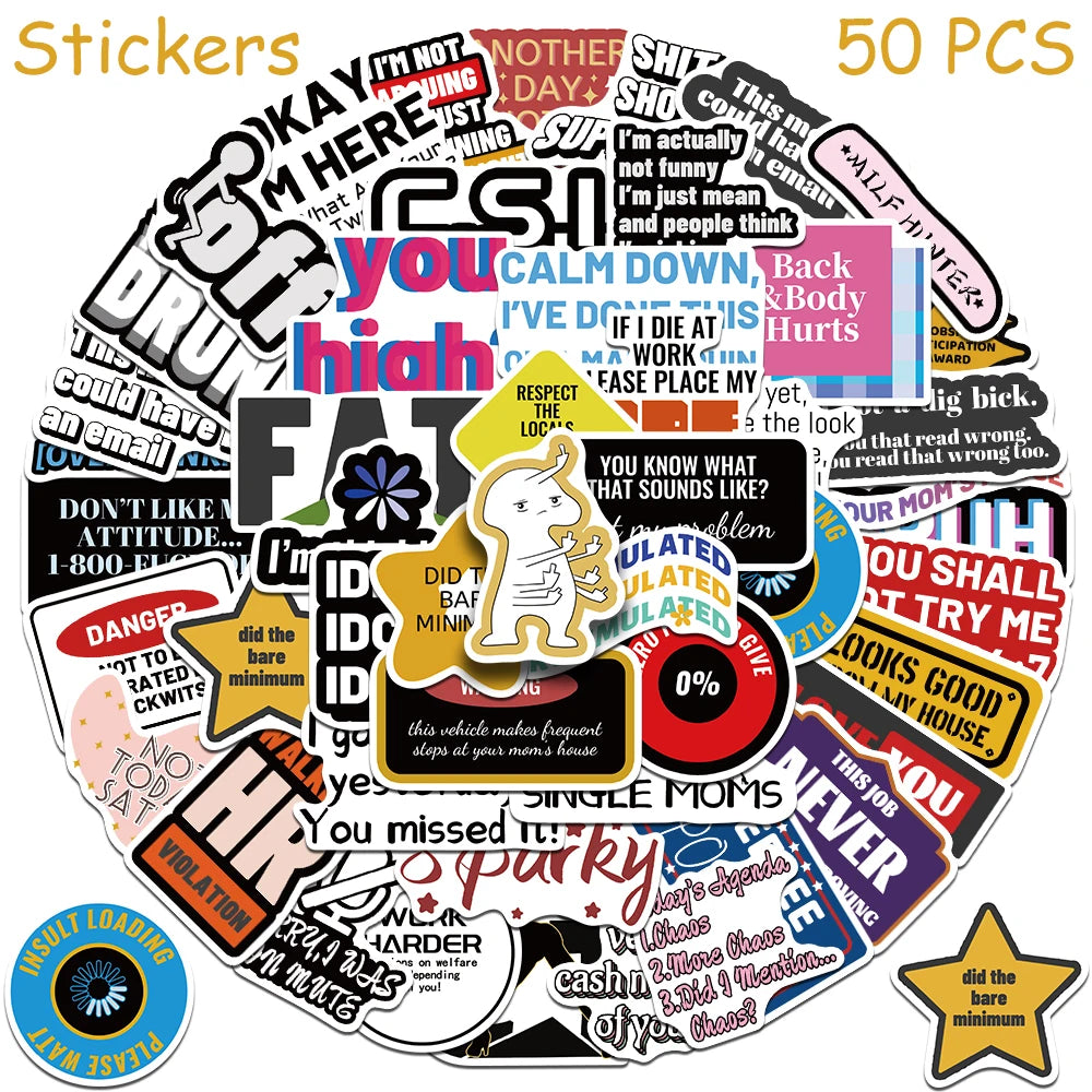 A collection of 50 funny cartoon meme vinyl stickers featuring various text and graphics.