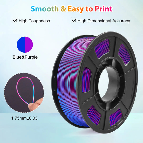 Roll of dual color blue and purple PLA filament for 3D printing with high toughness and dimensional accuracy