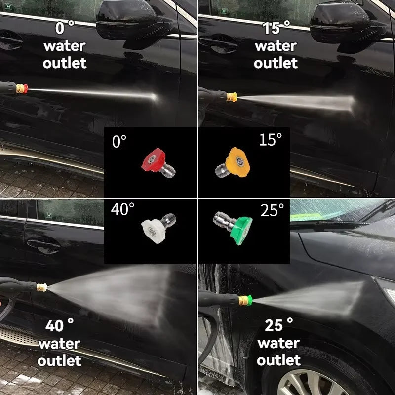 Demonstration of a foam cannon car wash kit using five metal nozzles at various angles and water outlets.
