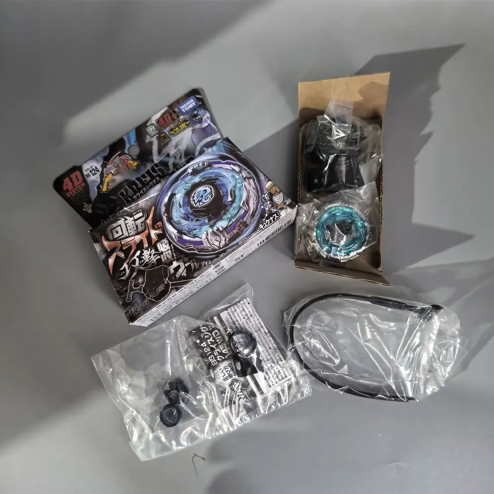 A set of premium metal spinning tops and accessories packaged in cardboard and plastic bags.