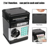A black electronic piggy bank with a slot for coins and a compartment for cash.