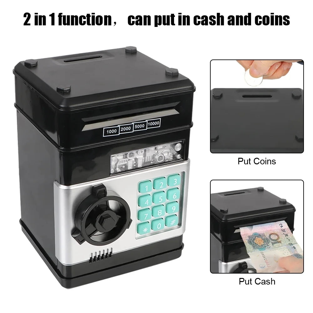 A black electronic piggy bank with a slot for coins and a compartment for cash.