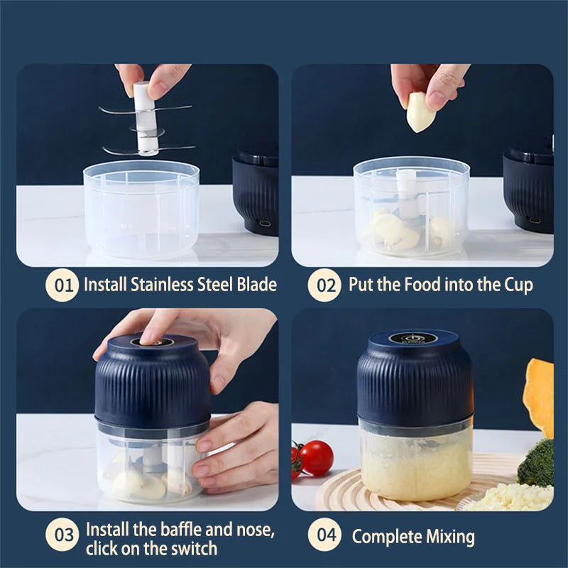 Step-by-step guide showing how to install and use a mini electric food chopper for mixing food.
