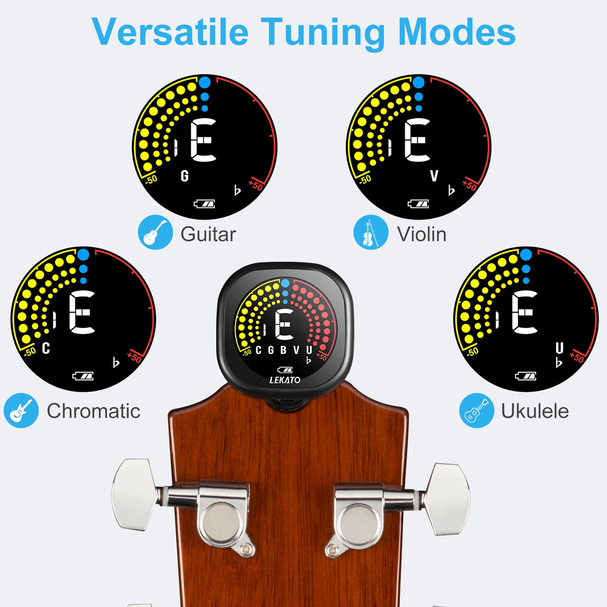 Rechargeable Clip-On Tuner for Guitar, Bass, Ukulele & Violin