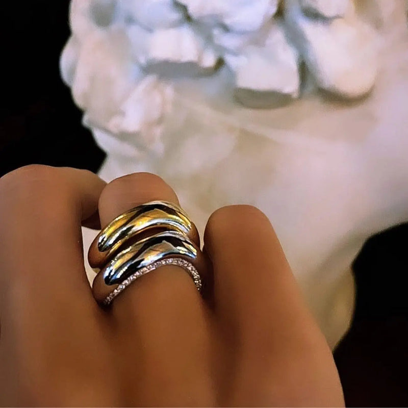 Wavy Stackable Gold-Plated Ring with Cubic Zirconia