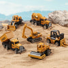 A set of diecast construction vehicles including a yellow tractor, excavator, and truck toy resting on sand.