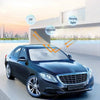 A dark sedan is shown with various light beams (UV, infrared, strong light) highlighting the windshield protection.