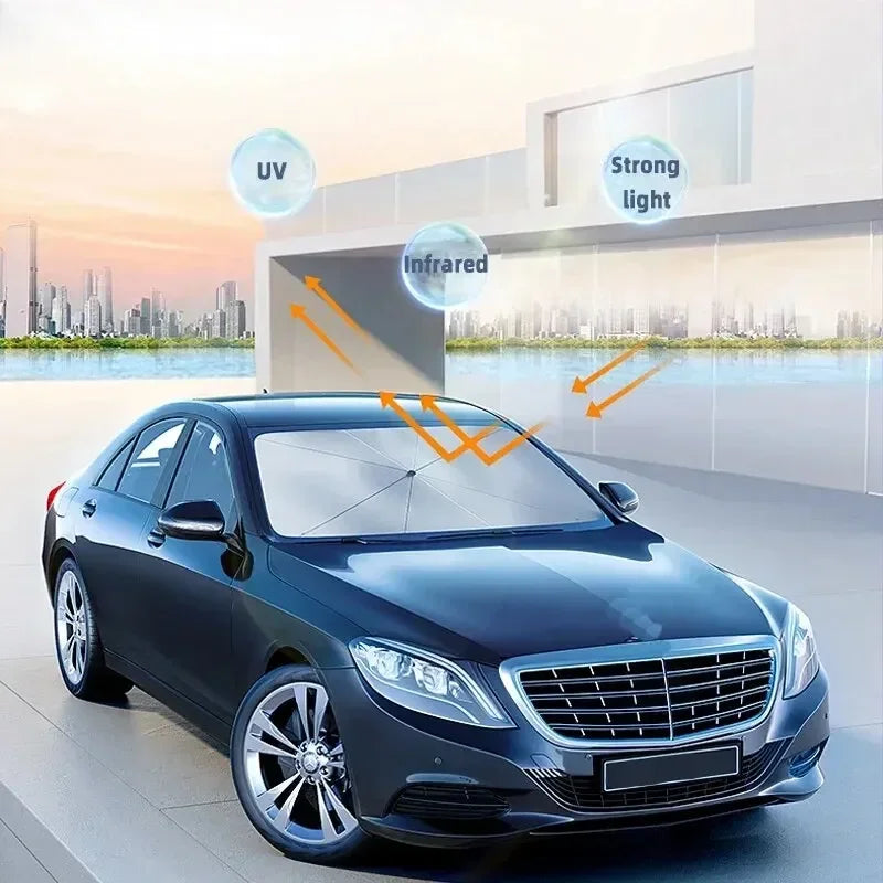 A dark sedan is shown with various light beams (UV, infrared, strong light) highlighting the windshield protection.