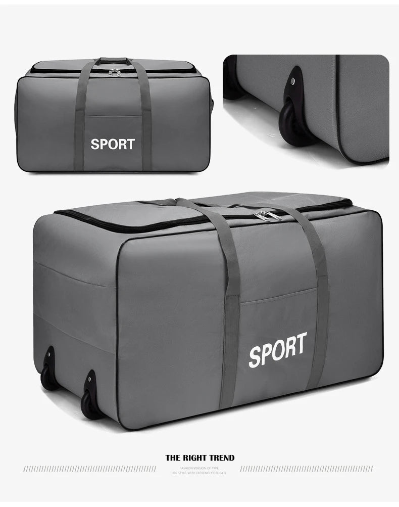 A gray heavy-duty waterproof travel duffel bag shown in multiple views.