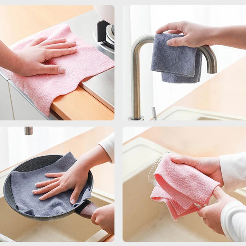 Hands are shown using a reusable microfiber cleaning towel to wipe down a sink or faucet.