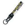 Black leather strap keychain with white text on the side featuring an anime girl design.